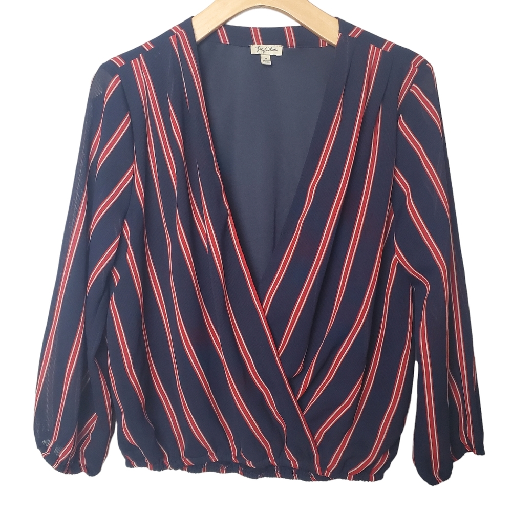 Lily White | Long Sleeve Blouse | Navy Blue Red V Neck | M